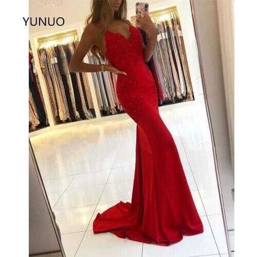 YUNUO Formal Red Evening Dresses Sexy Formal Mermaid Beading Prom Party Gowns with Train Special Occasion Dress Backless
