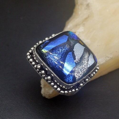 Hermosa Jewelry Vintage Charming Blue Ocean Series Dichroic Glass Silver Color Men Women Band Ring Size 8.5 FQ141