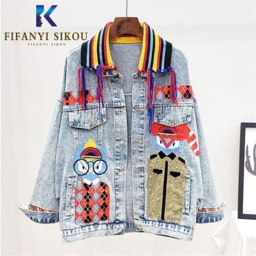 2020 Autumn Women Cartoon Denim Jacket Fashion Sequins Print Jeans Jacket Streetwear Loose Lapel Spliced Jeans Coat Female