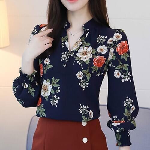 Womens Spring Autumn Style Chiffon Blouses Shirts Womens Elegant V-neck Printed Button Casual Slim Tops SP592