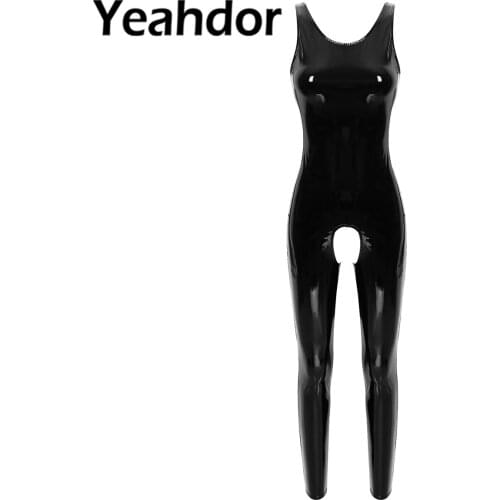 Womens One-piece Wet Look Clubwear Jumpsuit Patent Leather U Neck Sleeveless Crotchless Catsuit Leotard Romper Bodysuit
