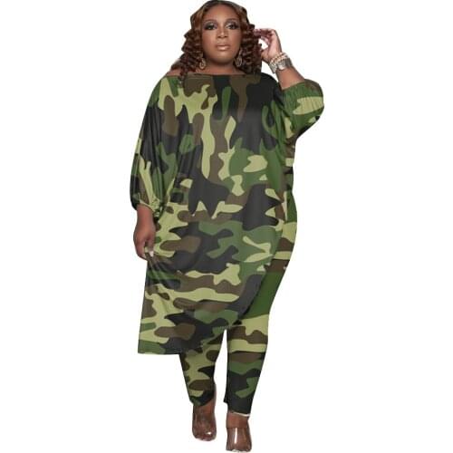 Camouflage Plus Size 5XL Two Piece Sets Women Off Shoulder Loose Long Sleeves Top Leggings Fall Clothes Wholesale Dropshipping