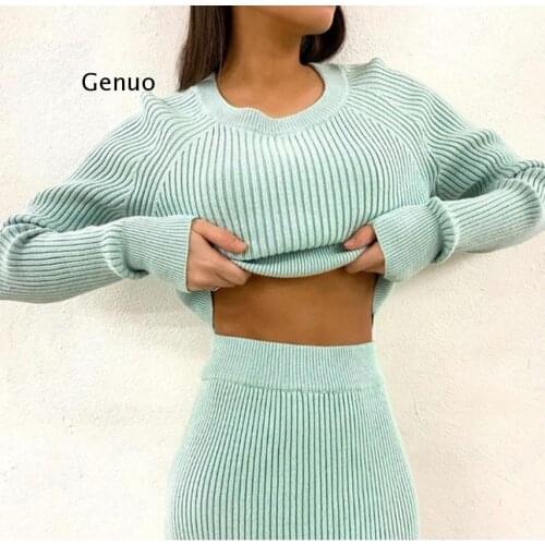 Knitting Cashmere Pullover and Skirt Two Piece Set Women Slim Fit Cropped Tops Women Autumn Elegant Sweater Outfits Women