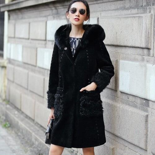 Womens Real Fur Coat With Fox Fur Collar Hooded Natural Sheep Shearling Jackets For Women Winter Warm Fur Coats WYQ938
