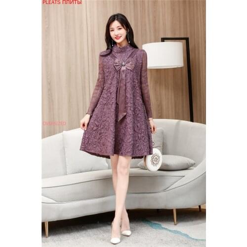 High End Womens Autumn and Winter New Heavy Industry Pleated Dress Medium Length Long Sleeve Loose Large A-line Dresses MIYAKE