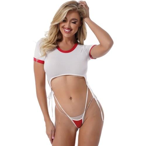 Women Bodysuit Color Block See-Through Lace-Up Hollow Out Exotic O Neck Short Sleeve O Ring Connected Leotard Role Play Costume