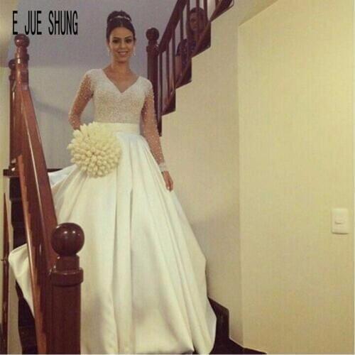 E JUE SHUNG Luxury Wedding Dresses with Pearls Illusion Long Sleeves Stain Bridal Gowns Ball Gown Bride Dress Vestidos De Novia