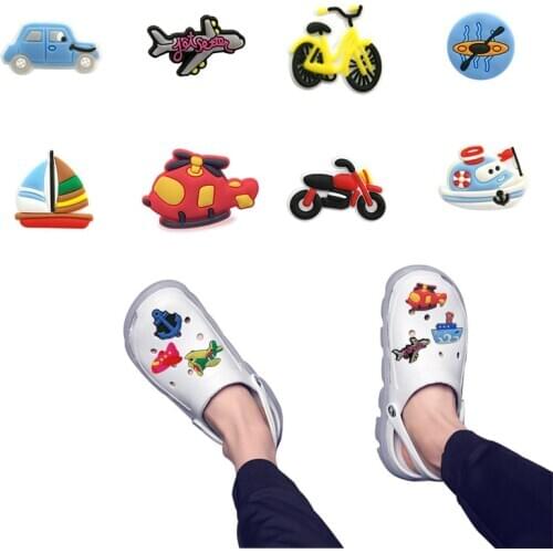 1pcs Transportation PVC Shoe Charms Accessories Airplane Taxi Bicycle Decorations UFO Spaceship Rocket Astronaut Ornaments