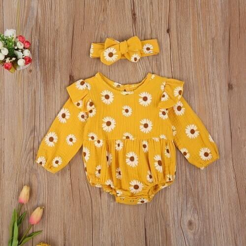 2Pcs Baby Toddlers Girls Autumn Outfits Daisy Floral Print O-Neck Long-Sleeves Romper + Bow Hairband