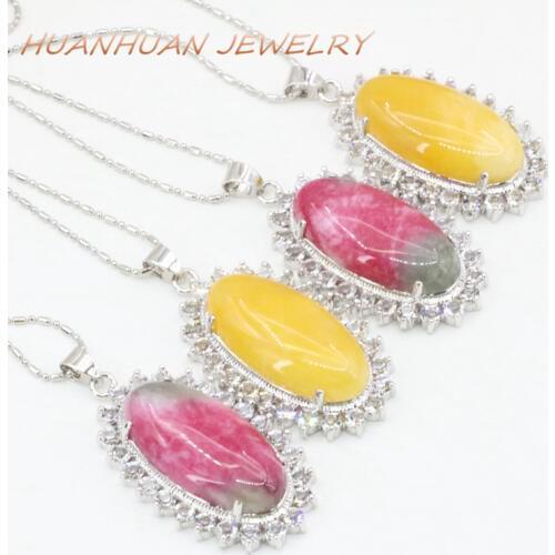 24x42mm Stainless Steel Crystal Inlay Stone Pendant Chain For Women Natural Jades Oval Stones Necklace & Pendants Jewelry B3363