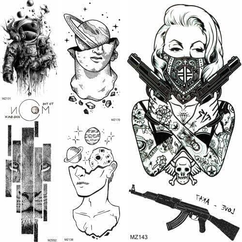 3D Masked Gangster Adults Fake Temporary Tattoos For Women Sexy Body Art Weapon Arm Tattoo Stickers Sheets AK M416 Sniper Rifle