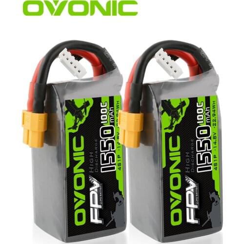 OVONIC 4S 1550mAh RC Battery 100C 14.8V FunFly LiPo Battery Pack with XT60 Plug for RC FPV Boat Heli Airplane UAV Drone 2units