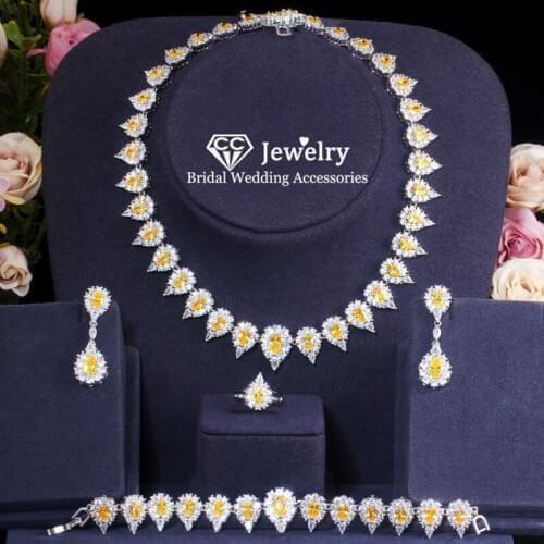 CC Jewelry Sets Necklace Earring Ring Bracelets 4pcs Wedding Accessories for Women Silver Bridal Engagement Luxury Bijoux T0164