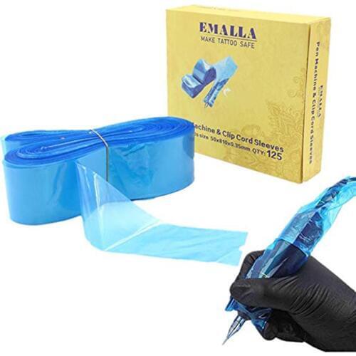 EMALLA 125Pcs Tattoo Machine Pen & Clip Cord Sleeves Bags Supply Blue Disposable Covers Bags For Tattoo Machine & Clip Cord