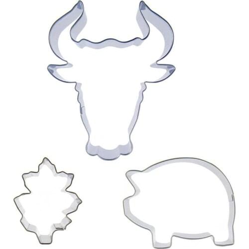 Bull head, Small Leaf, Fat pig shapes 3 piece biscuit cutting molds, baking tools, cake decorating soft candy tools