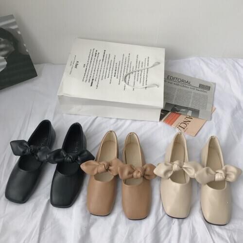 Classic Flats Shoes Women Simple Fashion loafers Wild Square Head Elegant Solid Color Bow Flat-bottomed Ropa Casual Mujer W33-27