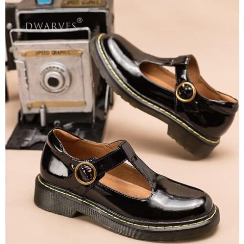 Handmade Retro Enamel Leather Flat Mary Jane Shoes For Womens Round Toe Brown/Black