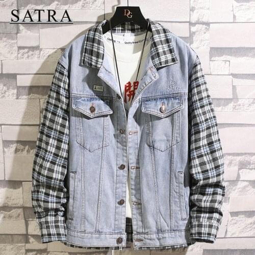 SATRA 2021 New Arrival Classic Color Matching Loose Plaid Jeans Jacket Men, Mens Fashion Trend Casual Denim Jacket coat