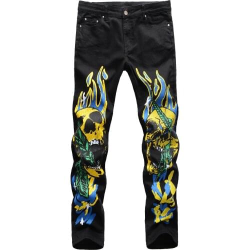Fashion Mens Jeans Stretch Slim Fit 3D Color Print Black White Trousers Flame Skull Graffiti Street Men Denim Pants Jean Homme