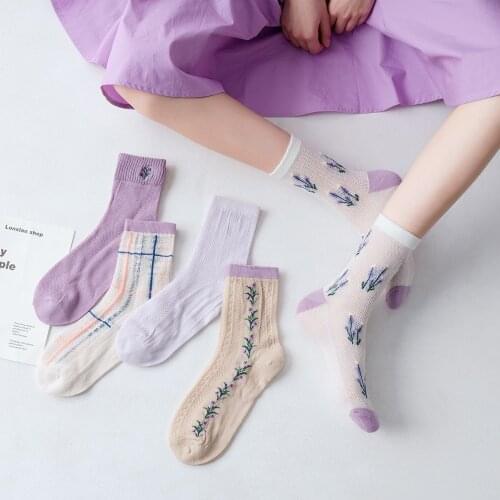 Korean Floral Print Harajuku Streetwear Long Socks Summer Thin Mesh Breathable Womens Socks Japanese Kawaii Cute Crew Socks