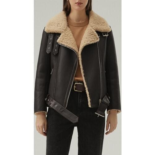 New Womens Shearling Jacket Black Leather Jacket Winter Fur Coat Short Motorcycle Jacket Fashion Wool Coat