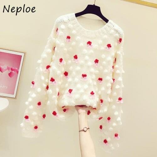 Neploe 2021 Autumn New Korean Hand-hooked Flower Woman Sweater Round Neck Long Sleeve Sweaters Women Loose Knitted Pullover