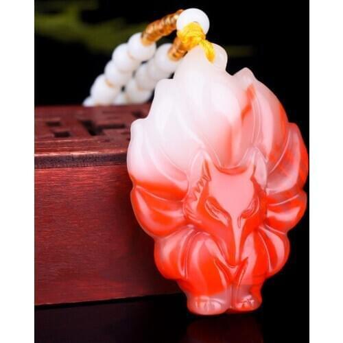Natural Red White Jade Nine-Tailed Fox Pendant Necklace Chinese Carved Fashion Charm Jewelry Accessories Amulet for Women Gifts