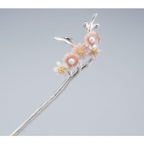 925 Sterling Silver Hair Stick Pearl Pink Shell Japanese Hairpin Flower Sakura Hair Accessories Women Kimono Luxury Jewelry Gift