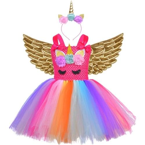 Flower Unicorn Princess Dresses Girls Kid Hot Pink Pony Costume for Birthday Party Children Christmas Dress Up Clothes Outfits