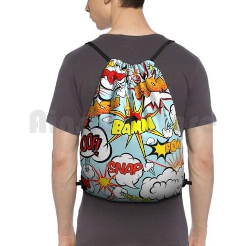 Pop Art Comic Speech Bubbles Backpack Drawstring Bags Gym Bag Waterproof Retro Comic Boom Bomb Blue Green Yellow Comics