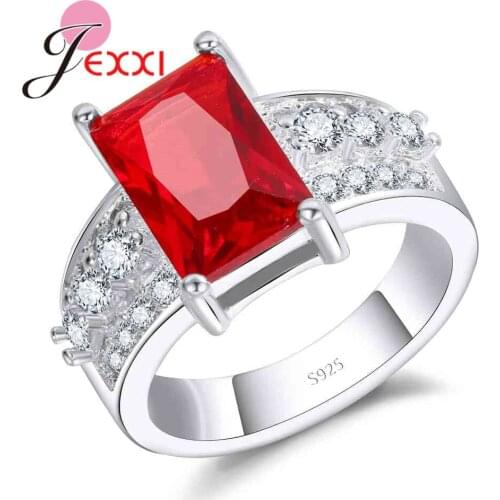 Luxury Women Rectangle Red Crystal Wedding Rings Accessories 925 Sterling Silver CZ Zircon Finger Ring For Lady Engagement