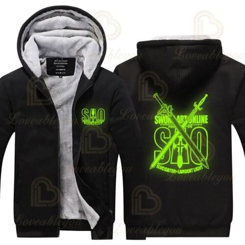 SAO Sword Art Online Luminescent Hoodie Mens Winter High Quality Warm Thicken Fleece Zipper Sweatshirt Coat Jackets Hoody Male