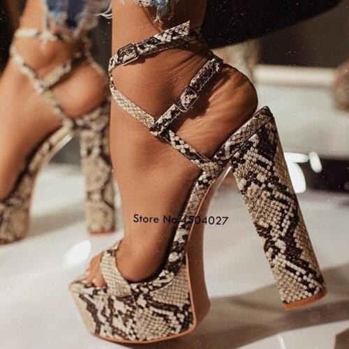 Snakeskin Chunky Heels Buckle Strap Concise Platform Sandals Square Heel Evening Prom Shoes Size42 Pumps