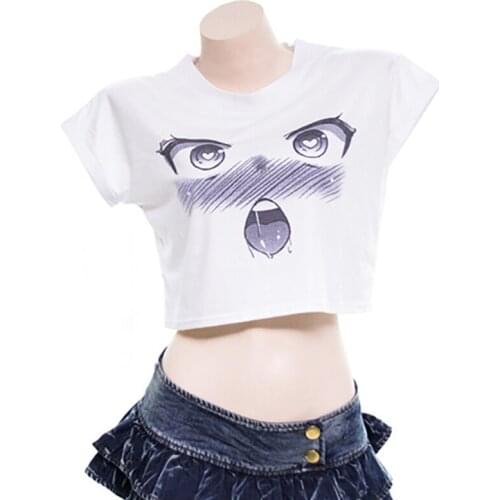 Harajuku Round Neck Letter Short Sleeve Cosplay High Waist Exposed Navel Sexy Female T-shirt Sweet Chic Womens Tops 206E