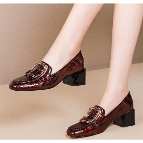 2021 New Female Genuine Leather Retro Party Woman Spring Autumn Slip-on Shallow Shoes Women New Square Toe High Heels Pumps