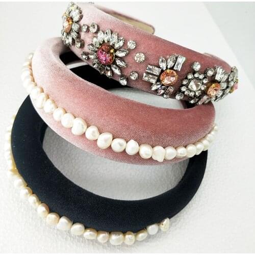 2019 Women Padded Wide Sponge Real Pearl Headband Glitter Velvet Sweet Candy Color Hair Hoop Vintage Party Stretchy Thick Headp