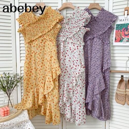 Elegant V-neck short sleeve Dress high waist cross pleated design irregular Ruffles floral A-line Dress 2021 New Summer