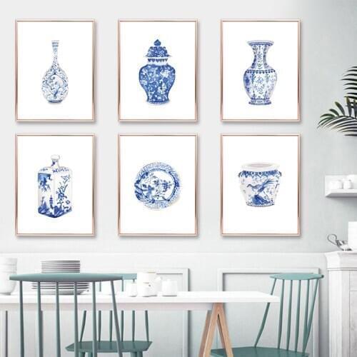 Watercolor Chinoiserie Vases Prints Ming Porcelain Blue and White China Art Canvas Painting Eastern Art Poster Wall Art Decor