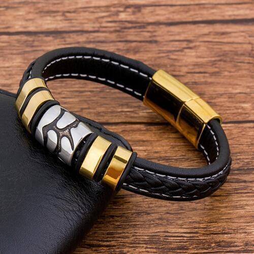 Vintage Luxury Trendy Braided Genuine Leather Black Gold Bracelet Men Magnetic Buckle Accessories Bangles Gift For Boyfriend