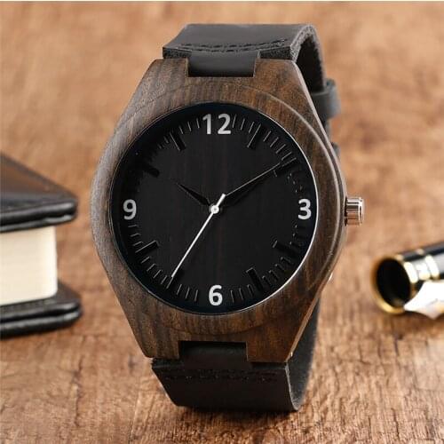 Handmade Ebony Wood Watch Mens Quartz Analog Wristwatch Arabic Numerals Display Sport Natural Wooden Clock Leather Strap Gift