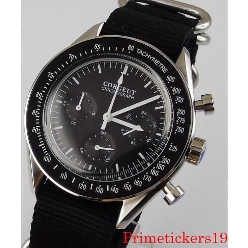 Corgeut 40mm black dial black bezel insert full chronograph quartz movement men wristwatch black nylon band luxury