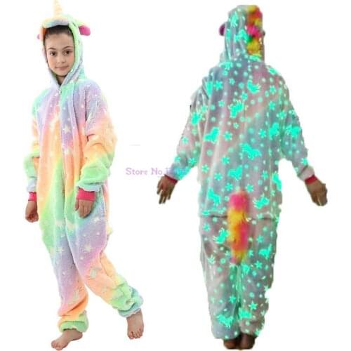 Children Glow in the Dark Rainbow Unicorn Oneise Kids Pyjama Adult Hooded Kigurumi Pajama Jumpsuit Rainbow Unicorn Pajamas