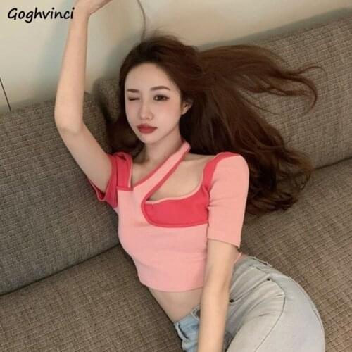 T-shirts Women Patchwork Skinny Top Crop Sexy Sweet Chic Ins Streetwear Casual All-match Summer Bf Students Soft Thin Girls Teen
