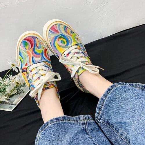 Size 44 Women Canvas Shoes 2021 Rainbow Design Canvas Shoes Women Lace Up Casual Shoes Ladies Graffiti Flat Shoes Zapatos Mujer