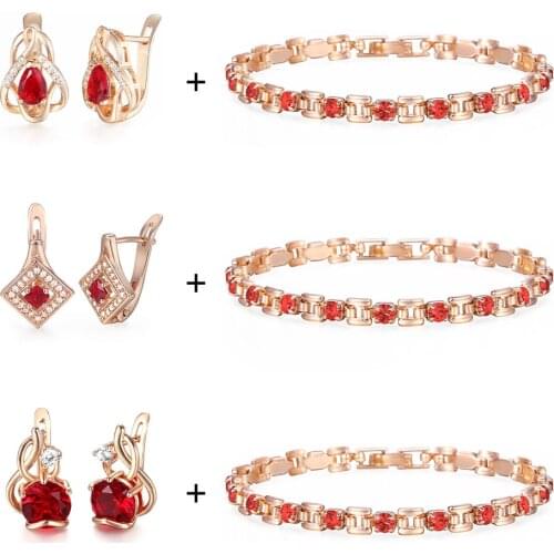 Red CZ Fashion Jewelry Set Bracelet Earrings Sets for Women Female Gold Filled Wedding Party Girlfriend Valentine Gifts LGBGEM01
