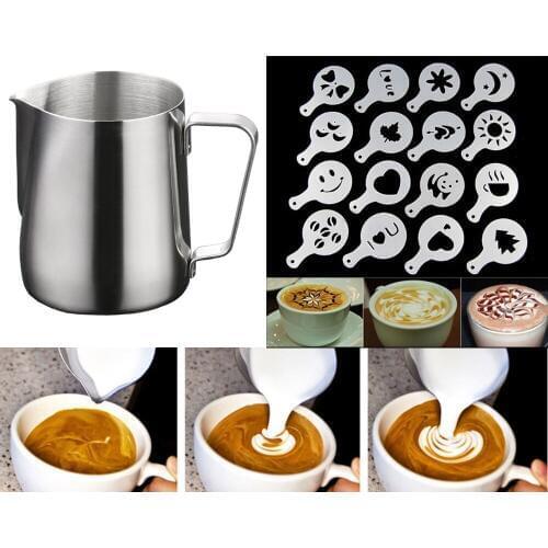 Stainless Steel Coffee Tool Frothing Pitcher Pull Flower Cup 16PCS/set Cafe Foam Template Barista Stencils Decoration Tool