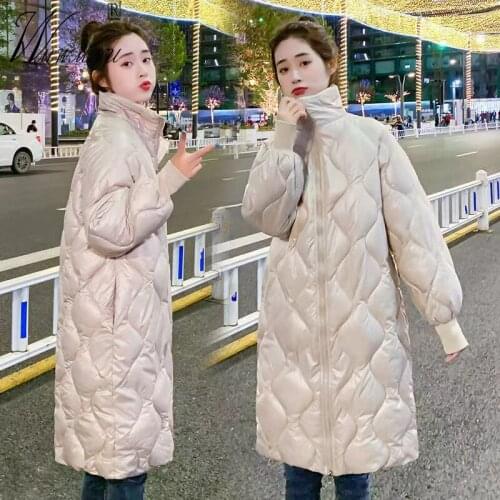 Fashion Glossy Long Cotton Jacket Women Korean Solid Color Lightweight Warm Winter Coat Loose Stand-Up Collar Quilted Jackets
