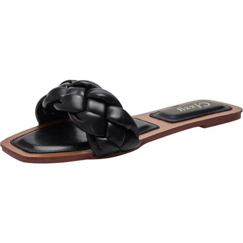 Fashion Woven Slippers Womens Slip On Slides Square Toe Leather Flat Sandals Female Outdoor Casual Slippers Flip Flops PW094