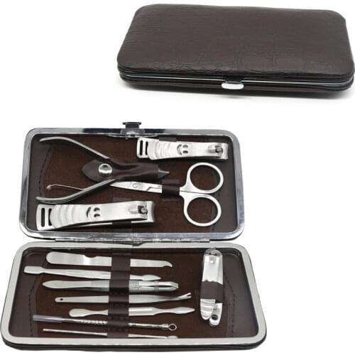 12 pcs Stainless Steel Manicure Nail Care Knife Tools Kit Set Portable Pedicure Clipper Tweezers Ear Pick N-12 With PU Bag