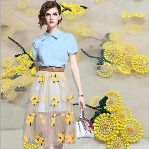 New Three-dimensional Embroidered Mesh Yarn Lace Rural Style Childrens Clothing Dress Skirt High-end Sunflower Fabric